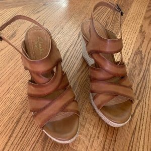 Clarks indigo sandals, size 8, tan leather